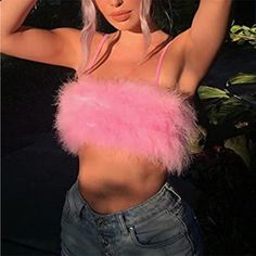 Brand New Never Worn Pink Feather Adorned Crop Top. Fluffy Pink Outfit, Lucky Halsey, Pink Feather Top, Fur Crop Top, Vaca Outfits, Pink Rave Outfit, Aliyah Core, Chapell Roan, Fluffy Top