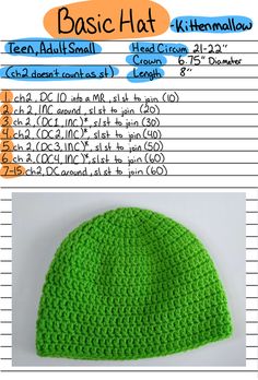 a green crocheted hat with the instructions for it to be knitted and sewn