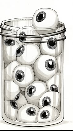 an ink drawing of a can filled with balls and eyeballs, all in the same color