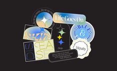 various stickers and tags on a black background with the words sea, stars, and moon