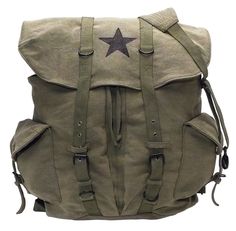 Rothco's Vintage Weekender Bag is made using washed out canvas and features 2 front inside pockets with drawstring closure, inner zipper pouch, 2 side pockets with flaps and side pockets with strap closures with metal buckles, Star on Front. Star Backpack, Army Navy Store, Military Backpack, Army Style, Vintage Backpacks, Army Fashion, Stylish Backpacks, Bug Out Bag, Vintage Star