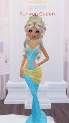 an animated image of a woman in a blue dress and tiara, with the words runaway queen on it