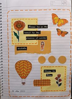 an open notebook with pictures and words about the different types of balloons, flowers, and butterflies