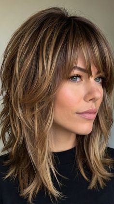 ✨💅 Perfect the Modern Layered Shoulder Length Hair With Bangs Medium-Length Shag Haircuts | Beau... Medium Length Shag With Bangs, Shaggy Bangs Long Hair, Choppy Shag Hairstyles Medium, Layered Shoulder Length Hair, Long Hair With Bangs And Layers, Blonde Shag, Shoulder Length Hair With Bangs, Blonde Layered Hair, Long Shag Haircut