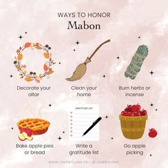 a poster with the words, ways to honor mabon and other things on it