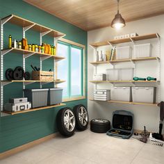 a car tire sitting on the floor in front of some shelves filled with boxes and other items