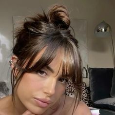 Up Do Curtain Bangs, Hair Up Curtain Bangs, Bangs Bun Hairstyle, Middle Part Bangs Medium, Bangs With Balayage, Whispy Baby Bangs Long Hair, Ella Langley Hair, Hidden Bangs, Shoulder Length Hairstyles With Bangs