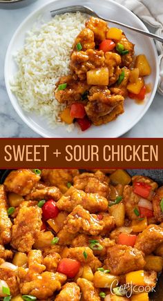 Sweet and Sour Chicken in a skillet and on a white plate with pineapples and bell peppers. Sweet And Sour Chicken Recipes, The Cozy Cook Recipes, Cozy Cook Recipes, Extra Crispy Chicken, Sweet And Sour Chicken Recipe, Sour Chicken Recipe, The Cozy Cook, Cozy Cook, Sauteed Peppers