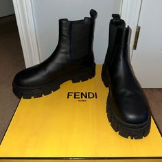 Black Leather Fendi Boots With Ff Logo On Trim. Worn Only Twice! Runs Small! (I’m A Size 9 So I Ordered A 10) Fendi Ankle Boots, Fendi Western Boots, Fendi Black Boots, Fendi Boots 2022, Luxury Black Mid-calf Boots With Reinforced Heel, Fendi Boots, Ff Logo, Fendi Shoes, Moto Boots