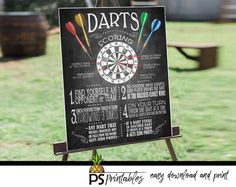 "Here is the perfect DARTS game sign for your game room or party!  We offer a full line of coordinating signs in this design so please check out our other yard sign collection listings! Available for immediate download: The rule sign in all of the following sizes 22\"x28\", 16\"x20\", 11\"x14\", and 8\"x10\". This listing is for the DIGITAL DOWNLOAD ONLY. You will not receive a physical product in the mail. Once purchased you will be INSTANTLY directed to the page where you can download these fi Dart Themed Party, Party Rules, Darts Game, Poker Party, Game Poster, Printable Game, Long Time Friends, Backyard Games, Chalkboard Signs