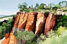 a painting of a cliff with trees on top