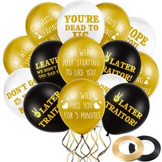 PRICES MAY VARY. You will get: package comes with 45 piecesfunny coworker going away last day office party balloons, 12 inches in size, and 2 ribbons in gold or black, each 10 m long, enough quantity and proper size to match well for your desired party; These goodbye decorations can easily highlights your party theme, readily impressing your guests Safe material: white and gold black retirement balloons are made from quality latex material, which is strong and long-lasting, so you won't have to Retirement Balloons, Funny Goodbye, Shark Balloon, Retirement Decorations, Goodbye Party, Balloons Decoration, Retirement Party Decorations, Balloon Pump, Happy Retirement