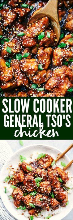 slow cooker general tso's chicken with sesame seeds and green onions on the side