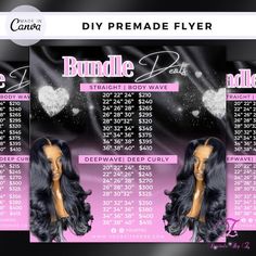 an advertise flyer for a hair salon with long black hair and lace closures