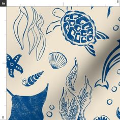 a blue and white background with sea animals