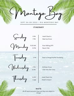 a flyer for an event with palm leaves on the beach and water in the background