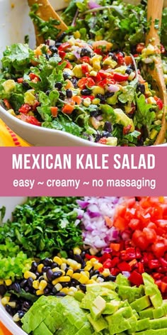 mexican kale salad in a large white bowl with wooden spoons and colorful vegetables