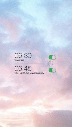 the clock is displayed on an iphone's screen with clouds in the sky behind it