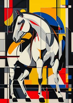 a painting of a white horse with red, blue, yellow and black squares in the background