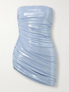 Norma Kamali updates its iconic 'Diana' dress with a sleek, strapless neckline. Made from light-reflecting lamé, it's ruched throughout to accentuate your curves and falls to an asymmetric hem. Ny Outfits, Eyewear Shop, Strapless Neckline, Aqua Dress, Norma Kamali, Blue Mini Dress, Beauty Accessories, Bandage Dress, Everyday Wardrobe