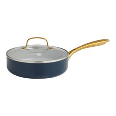 a blue pan with gold handle on a white background