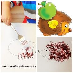 children's drawings and artwork made with crayon pencils, apples, hedgehog