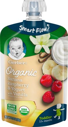 a bottle of gerber organic raspberry and yogurt with vanilla