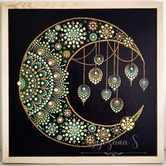 a painting with green and gold beads hanging from it's side, in front of a black background