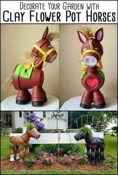 three different pictures of horses made out of clay flowers and potted plants with text overlay that says, decorate your garden with clay flower pot horses