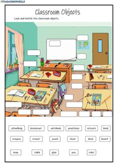 classroom objects worksheet with pictures on the table and desks in front of them