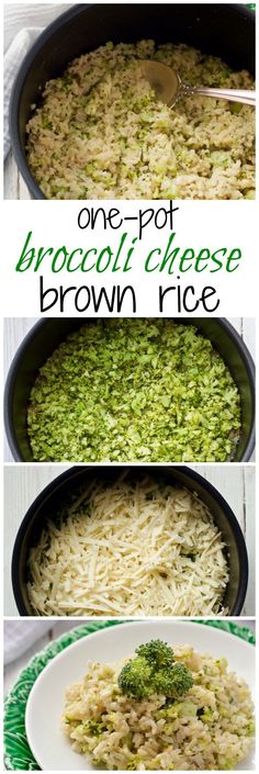 broccoli cheese brown rice is in a pan with the words one pot broccoli cheese brown rice