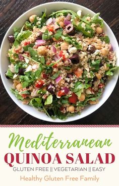 mediterranean quinoa salad in a white bowl with text overlay that reads, healthy gluten free family