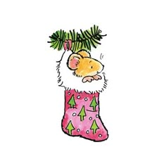 a drawing of a cat in a christmas stocking with pine branches on top and the word merry written below it