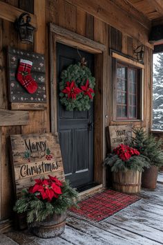 christmas decorations on the front porch of a cabin