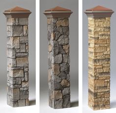 three different types of stone pillars