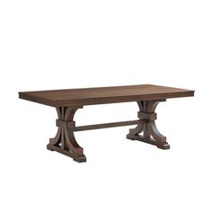 an image of a wooden table with two legs and a long rectangular dining table top