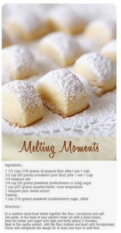 a recipe for making sugary pastries on a sheet of paper with the words, melting moments