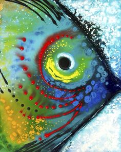 an abstract painting of a fish with blue, yellow and red colors on it's face