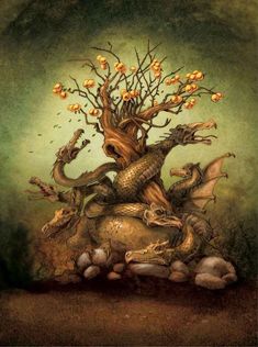 an image of a tree that is on top of a rock with animals around it