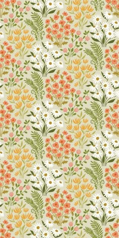 an orange and green floral pattern on a white background