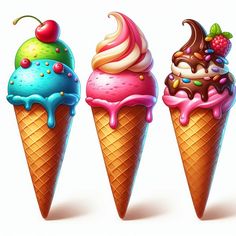 three ice cream cones with different toppings