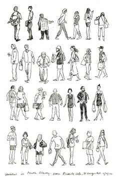 an image of people walking around in the street sketched by hand on white paper