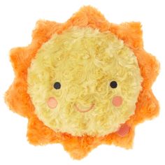 a yellow and orange stuffed animal on a white background with the face of a smiling sun