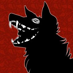 a black dog with its mouth open on a red background