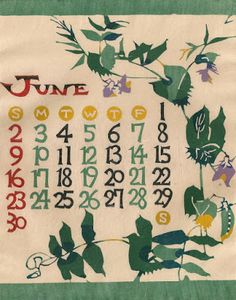 a cross stitched calendar with flowers and leaves on white fabric, framed in green frame