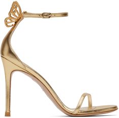 Grained leather heeled sandals in gold tone. · Pin-buckle ankle strap · Graphic hardware at heel tab · Logo embossed at padded leather footbed · Covered stiletto heel with rubber injection · Leather sole · Heel: H4 Supplier color: Gold Leather Heels Sandals, Sophia Webster, Gold Heels, Heeled Sandals, Stiletto Heel, Leather Heels, Stiletto Heels, Ankle Strap, Apparel Accessories