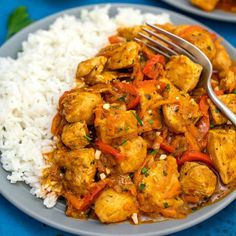 a close up of a plate of food with rice and chicken on it next to a fork