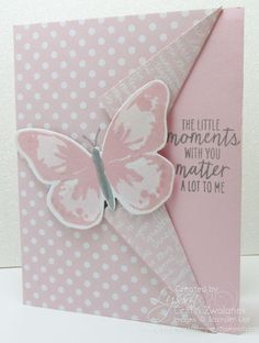 a close up of a card with a pink butterfly on it's side and the words, be little moments with you matter not to me