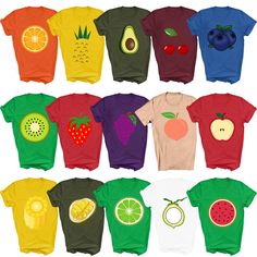 an assortment of t - shirts with fruit and vegetables on them, all in different colors