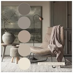 a living room filled with furniture and decor in shades of gray, beige, and white